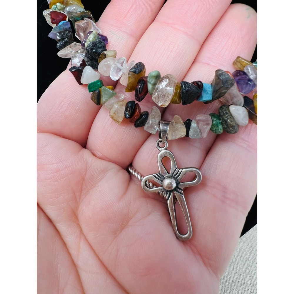 Sterling Silver 925 Multi Gemstone Chip Double Strand Cross Pendant Necklace - Picture 3 of 9